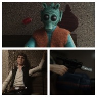 GREEDO: <<Jabba's through with you. He has no time for smugglers who drop their shipments at the first sign of an Imperial cruiser.>> HAN: "Even I get boarded sometimes. Do you think I had a choice?" Han takes aim with his blaster. #starwars #anhwt #toyshelf